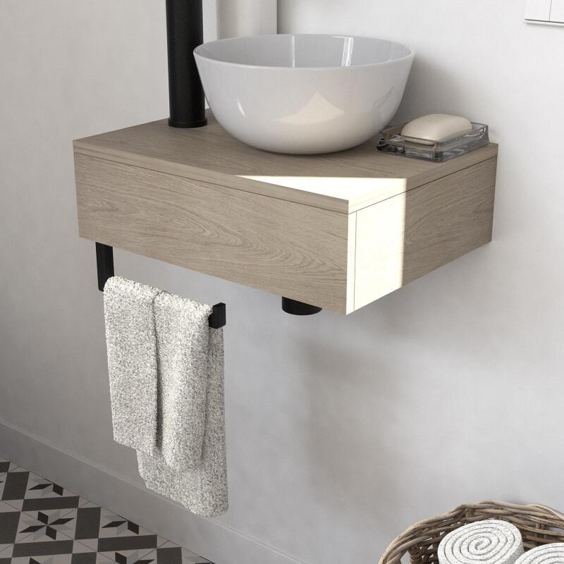 Meuble lave-mains plan épais porte-serviettes dessous + vasque blanche + robinet + miroir