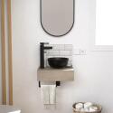 Meuble lave-mains plan épais porte-serviettes dessous + vasque noire + miroir