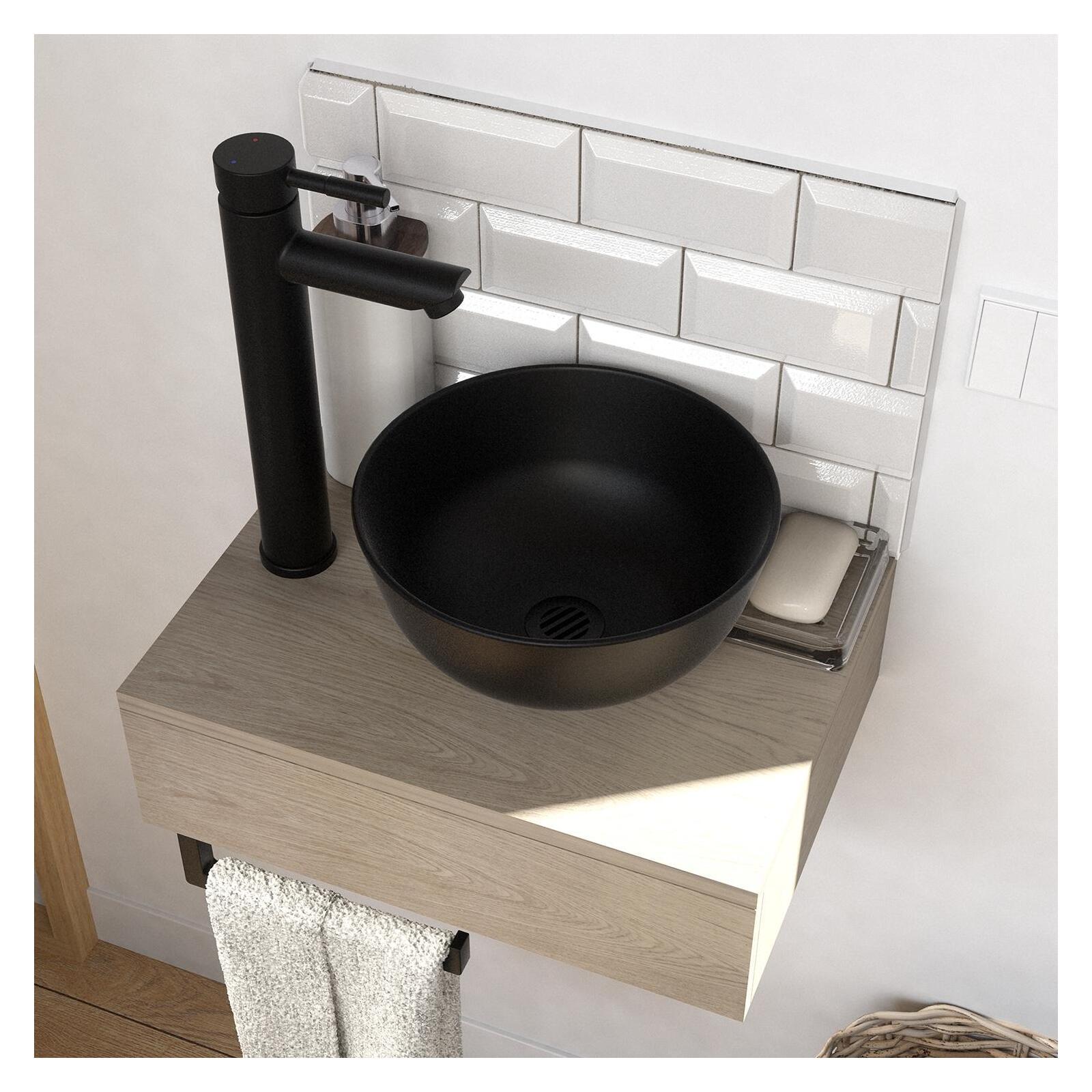 Meuble lave-mains plan épais porte-serviettes dessous + vasque noire + miroir