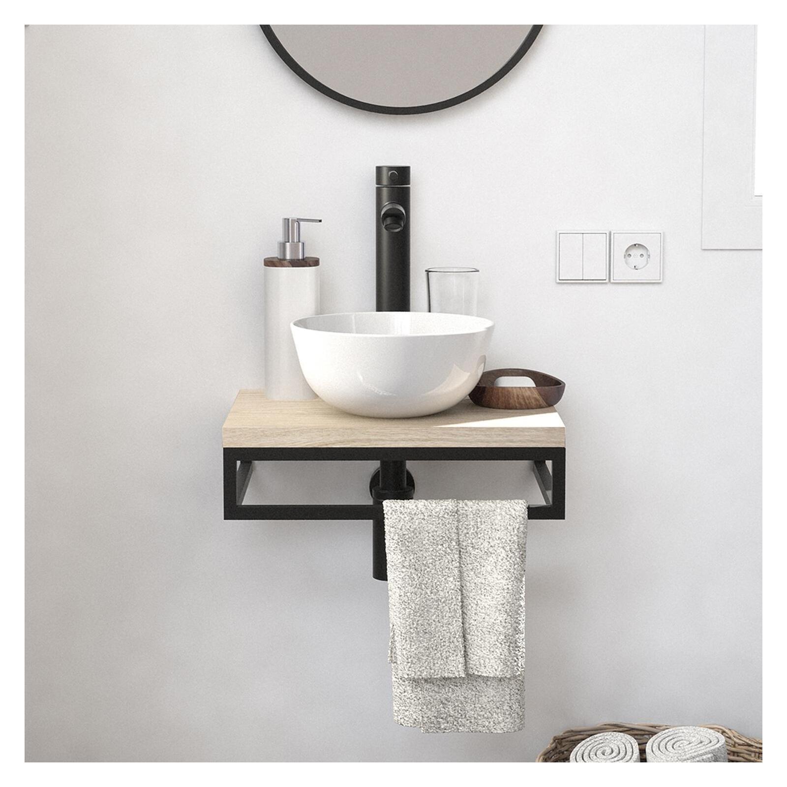 Meuble lave-mains plan fin porte-serviettes dessous + vasque blanche