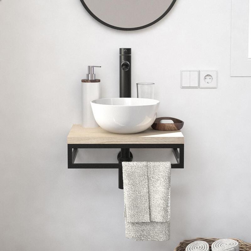 Meuble lave-mains plan fin porte-serviettes dessous + vasque blanche