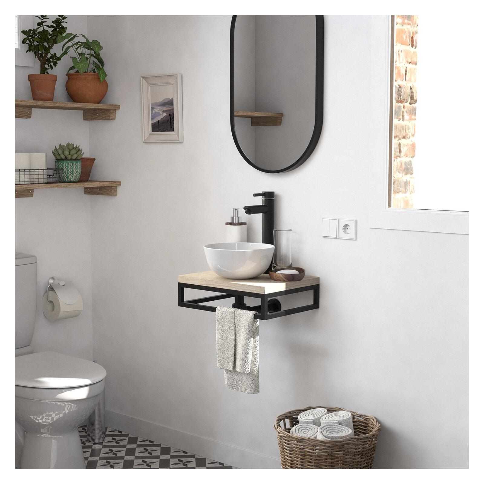 Meuble lave-mains plan fin porte-serviettes dessous + vasque blanche