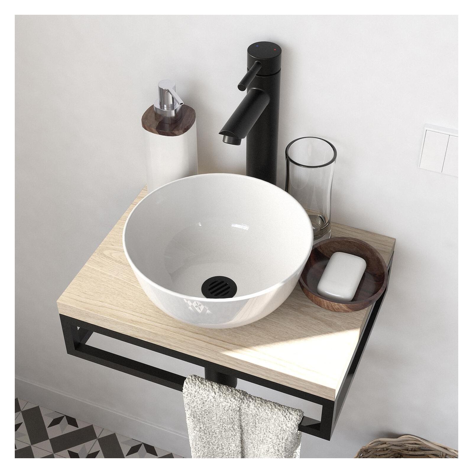 Meuble lave-mains plan fin porte-serviettes dessous + vasque blanche + robinet