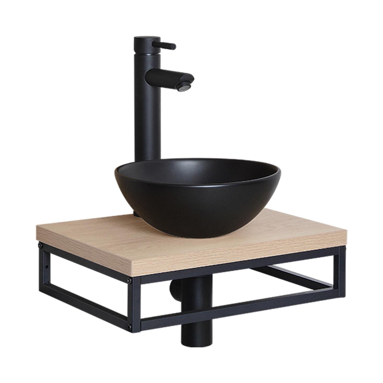 Meuble lave-mains plan fin porte-serviettes dessous + vasque noire + robinet