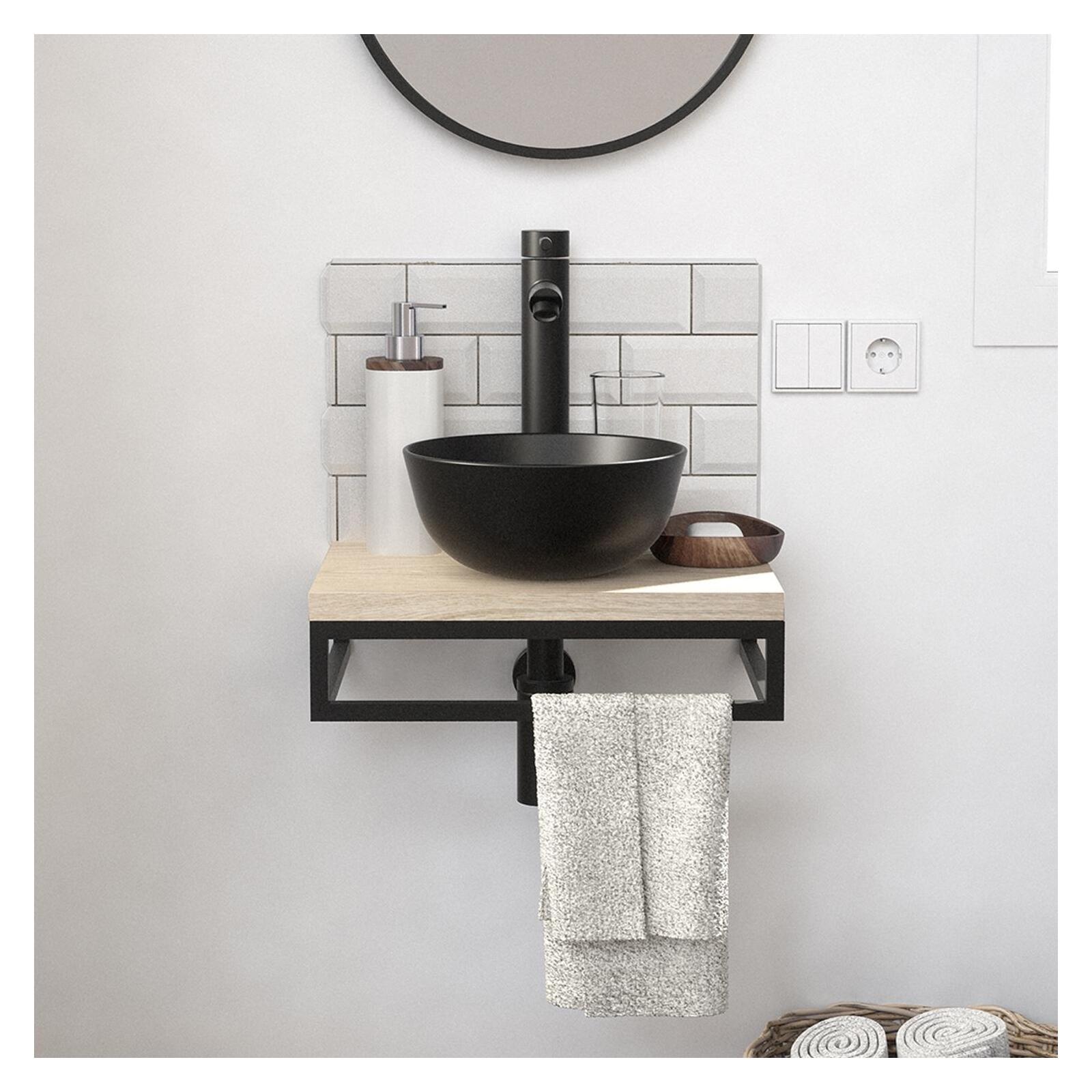 Meuble lave-mains plan fin porte-serviettes dessous + vasque noire + robinet