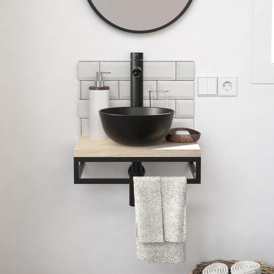 Meuble lave-mains plan fin porte-serviettes dessous + vasque noire + robinet