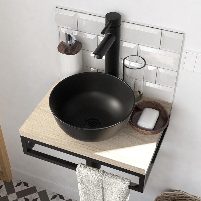 Meuble lave-mains plan fin porte-serviettes dessous + vasque noire + robinet