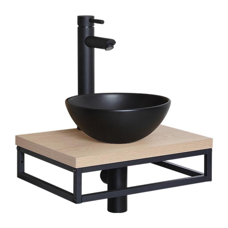 Meuble lave-mains plan fin porte-serviettes dessous + vasque noire