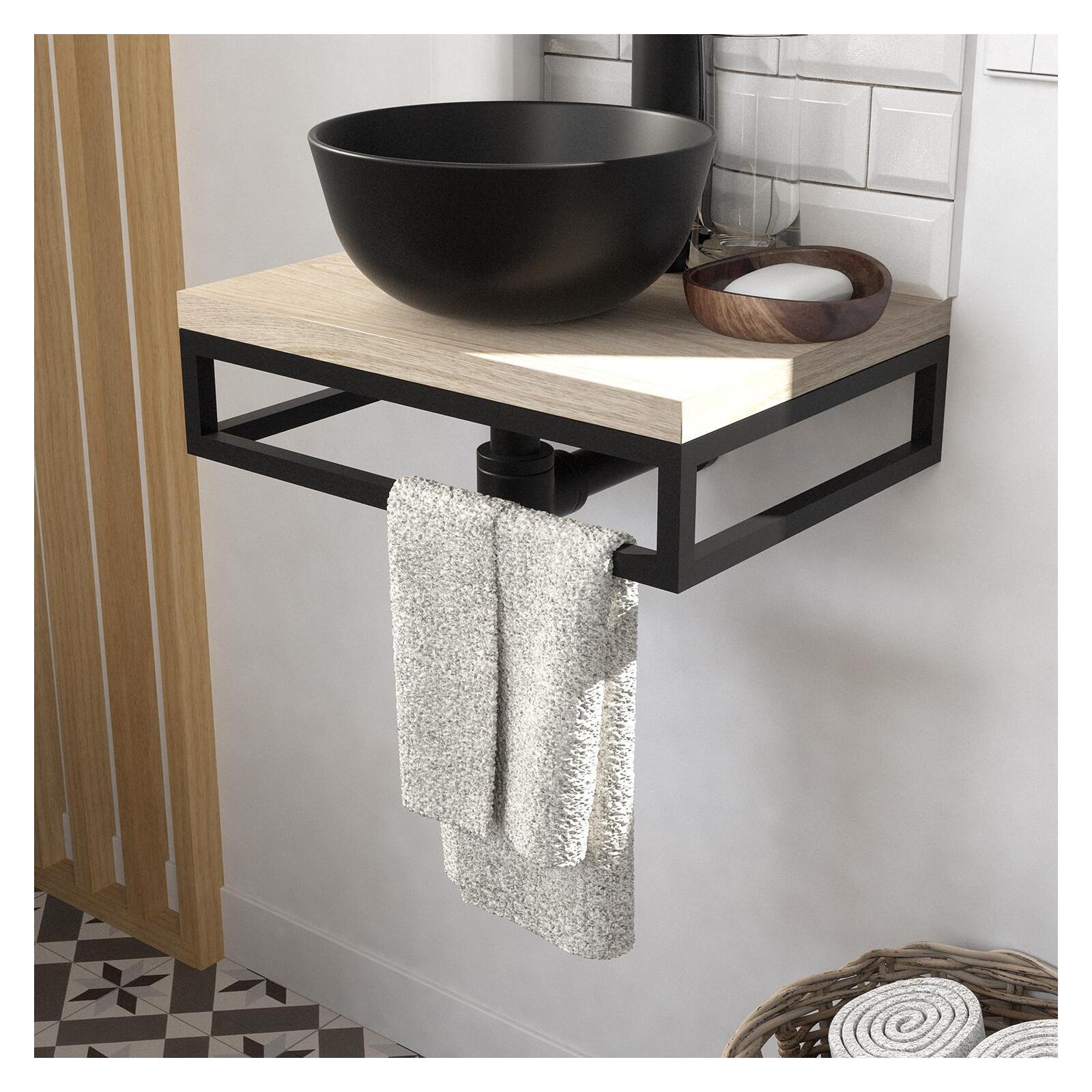 Meuble lave-mains plan fin porte-serviettes dessous + vasque noire