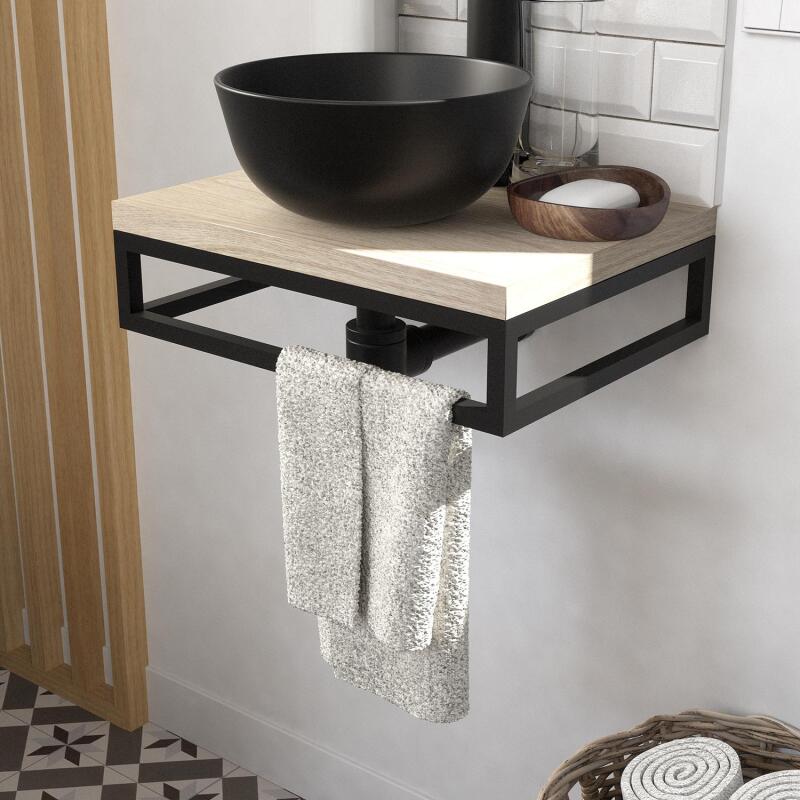 Meuble lave-mains plan fin porte-serviettes dessous + vasque noire