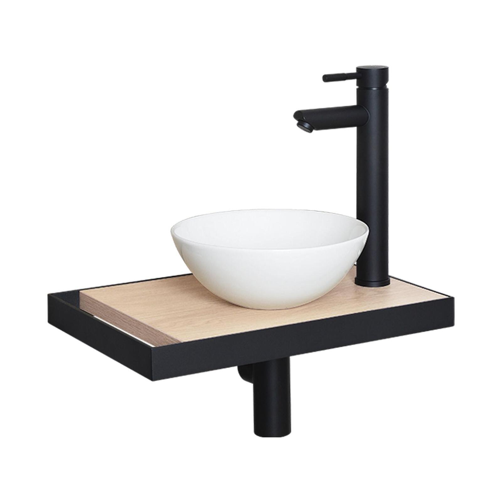 Meuble lave-mains plan fin porte-serviettes côté + vasque blanche + robinet