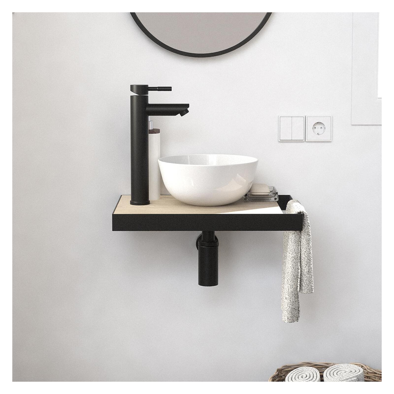 Meuble lave-mains plan fin porte-serviettes côté + vasque blanche + robinet