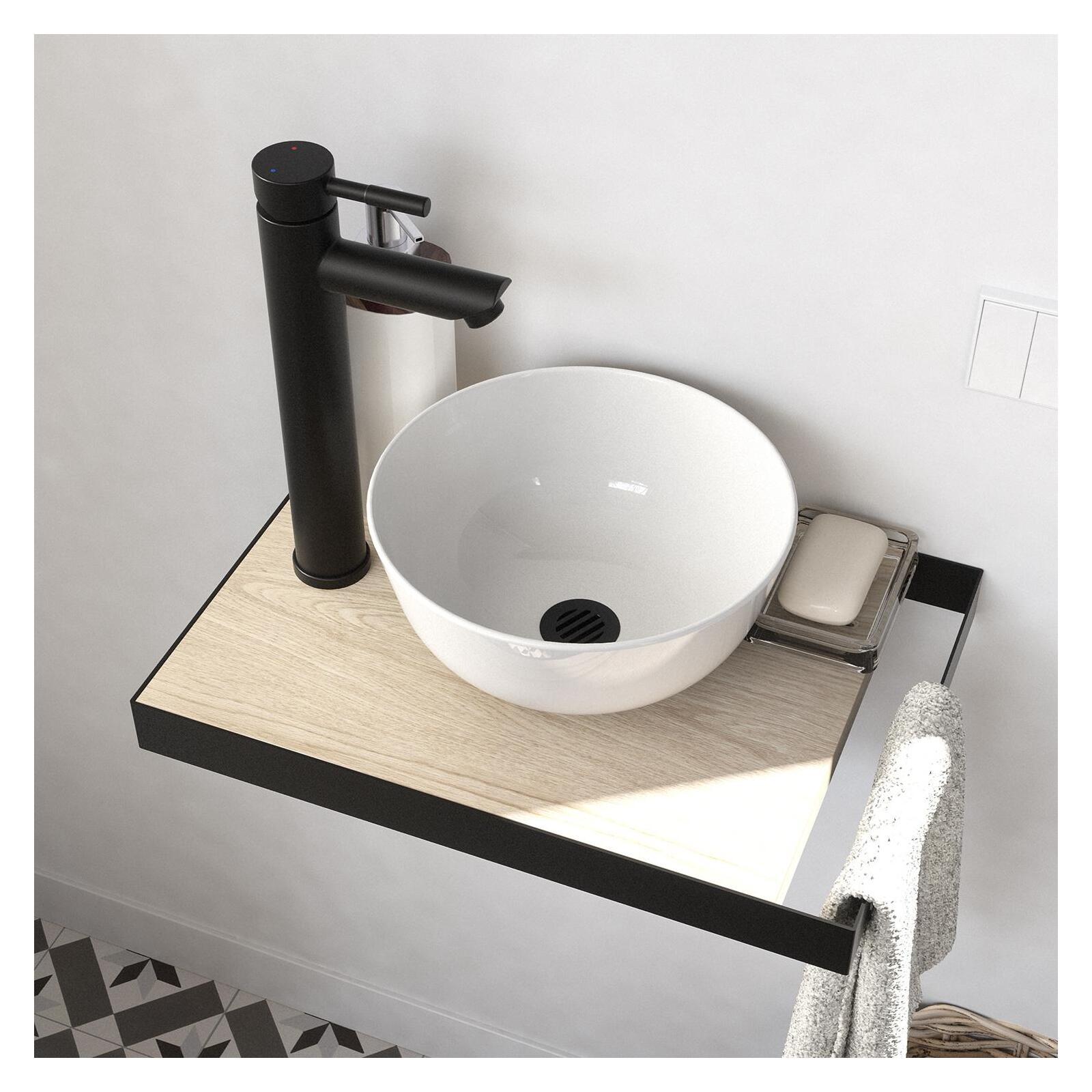 Meuble lave-mains plan fin porte-serviettes côté + vasque blanche + robinet