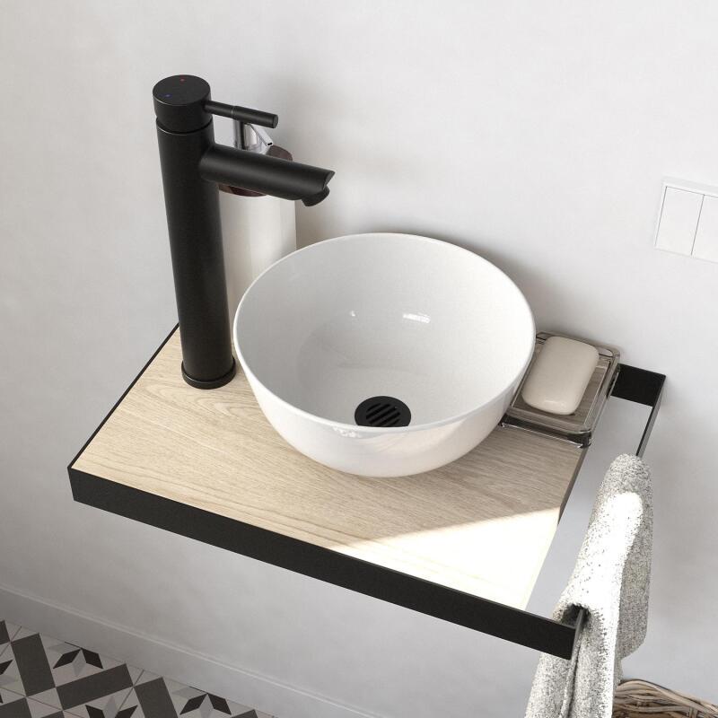 Meuble lave-mains plan fin porte-serviettes côté + vasque blanche + robinet