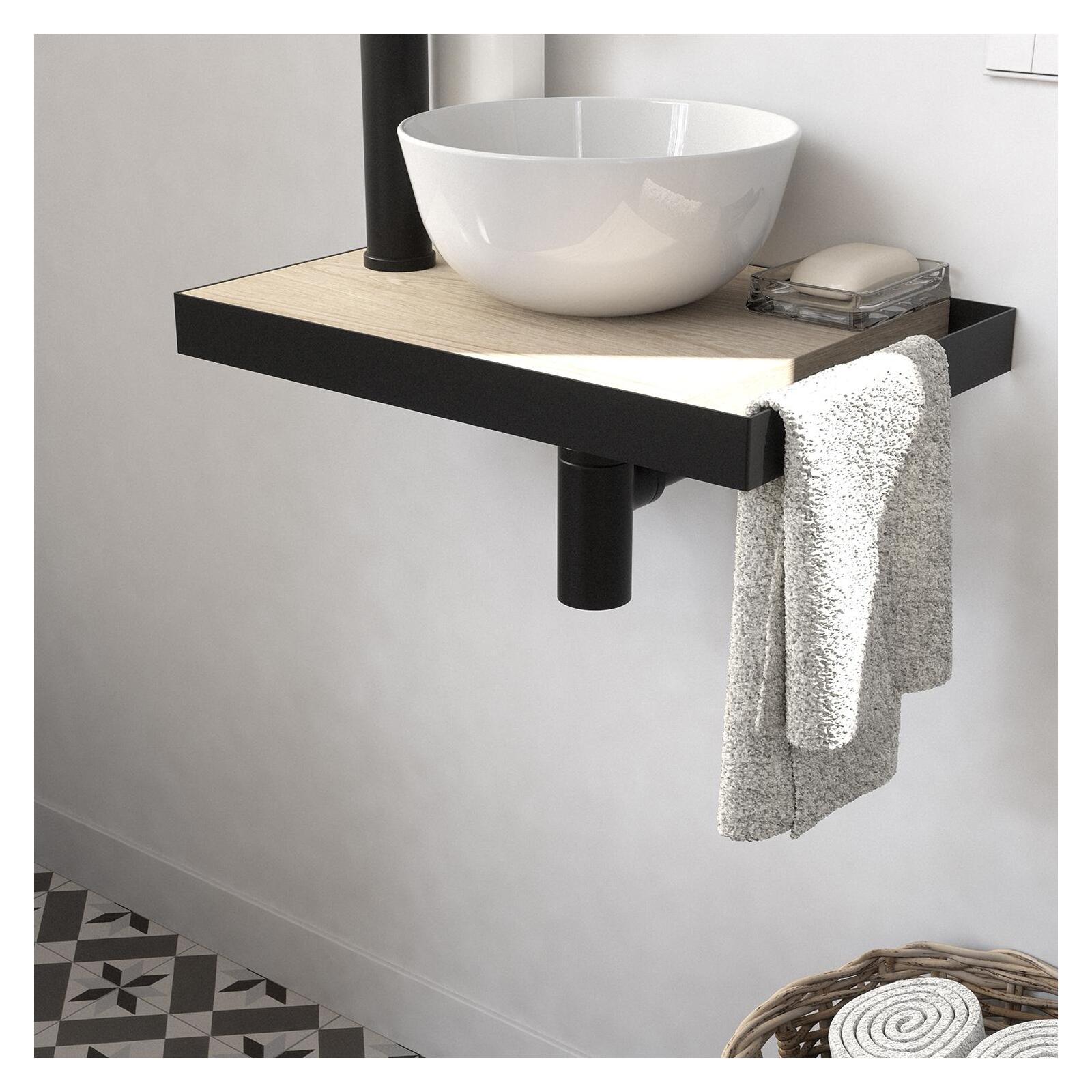 Meuble lave-mains plan fin porte-serviettes côté + vasque blanche + robinet