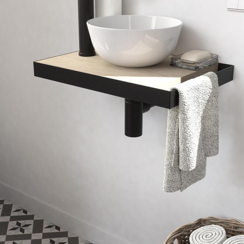 Meuble lave-mains plan fin porte-serviettes côté + vasque blanche + robinet
