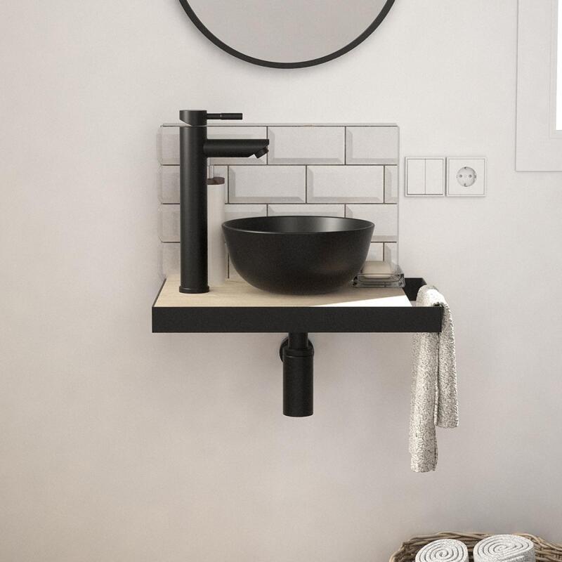 Meuble lave-mains plan fin porte-serviettes côté + vasque noire