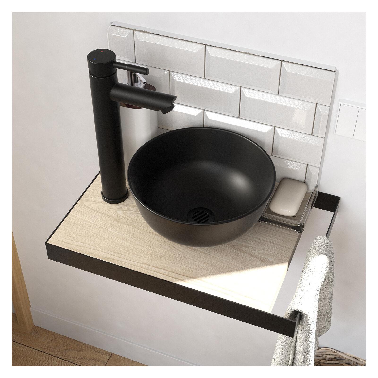 Meuble lave-mains plan fin porte-serviettes côté + vasque noire