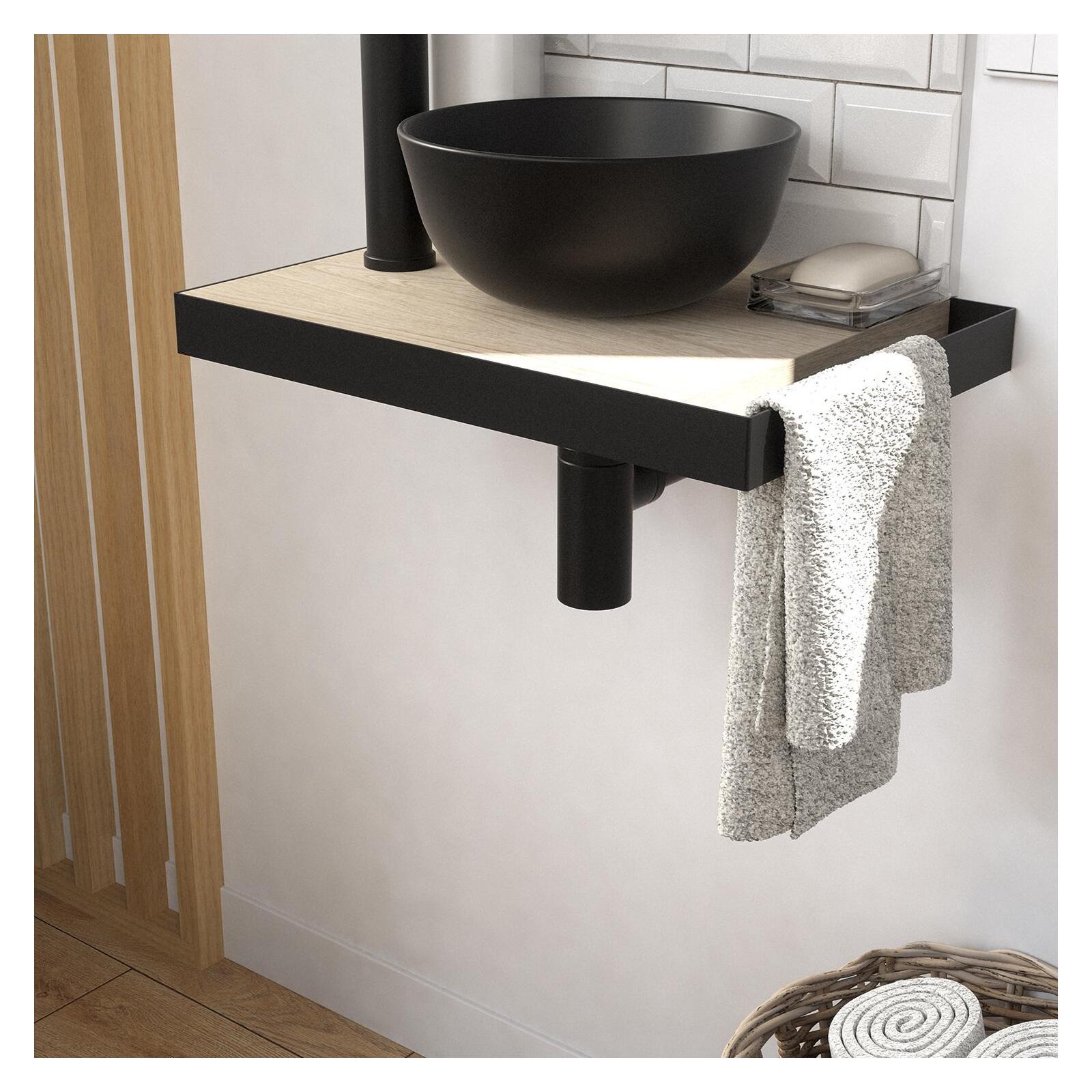 Meuble lave-mains plan fin porte-serviettes côté + vasque noire