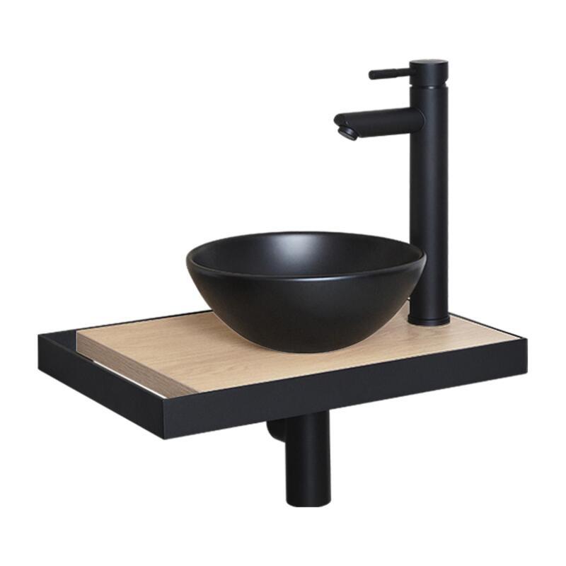 Meuble lave-mains plan fin porte-serviettes côté + vasque noire + robinet