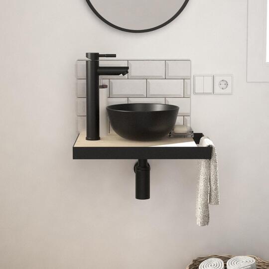 Meuble lave-mains plan fin porte-serviettes côté + vasque noire + robinet