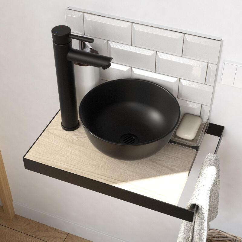 Meuble lave-mains plan fin porte-serviettes côté + vasque noire + robinet