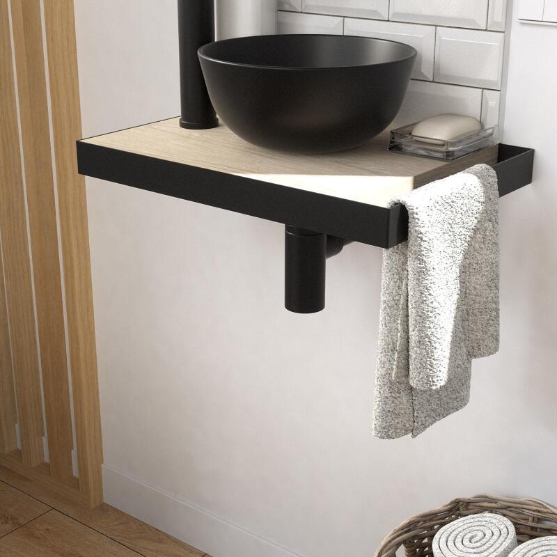 Meuble lave-mains plan fin porte-serviettes côté + vasque noire + robinet