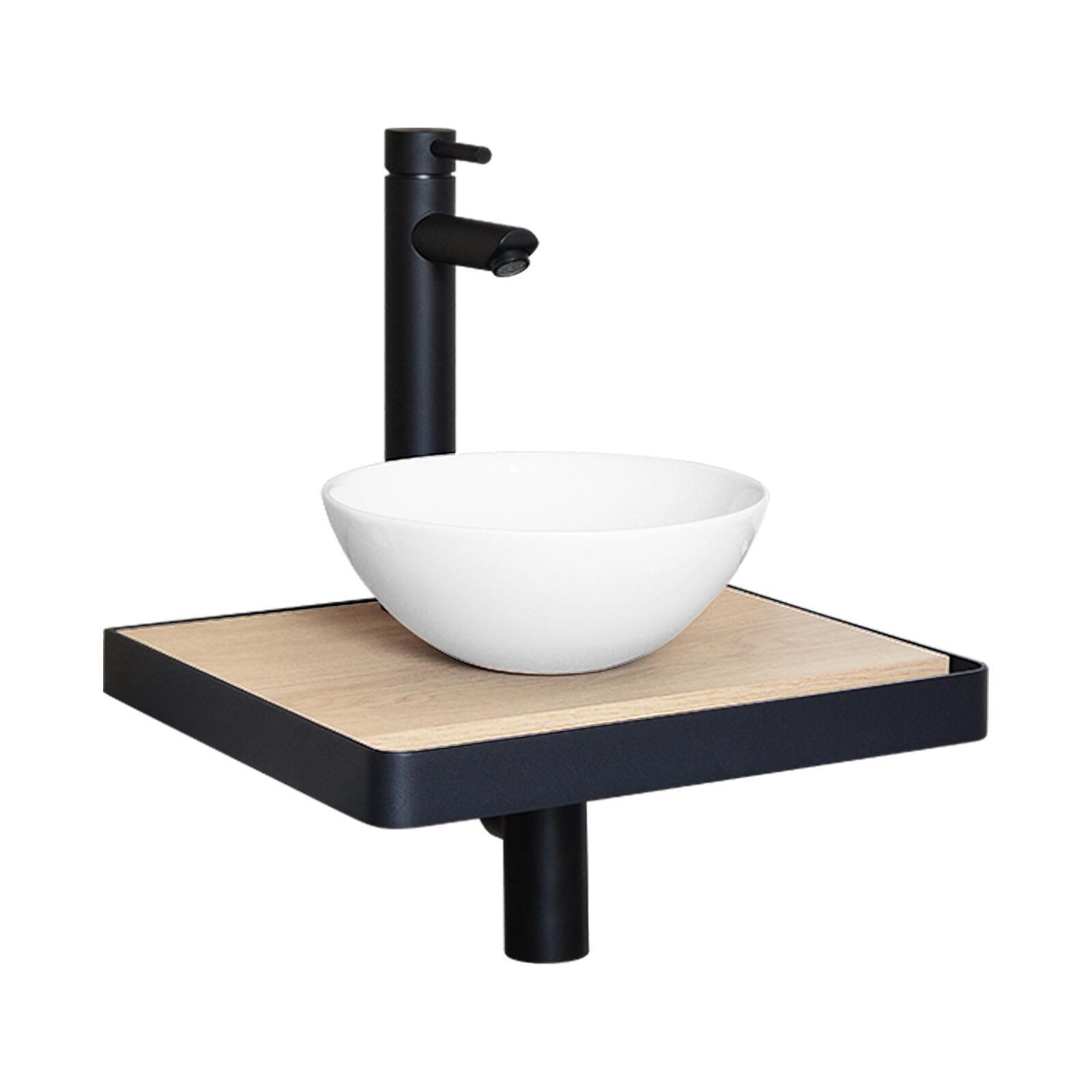 Meuble lave-mains plan fin porte-serviettes face + vasque blanche + robinet