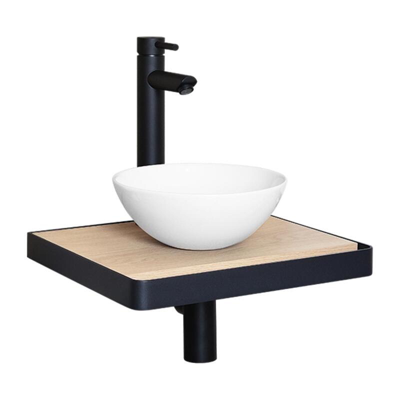 Meuble lave-mains plan fin porte-serviettes face + vasque blanche + robinet