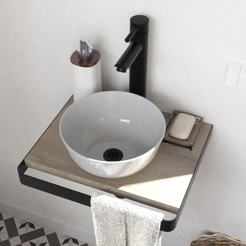 Meuble lave-mains plan fin porte-serviettes face + vasque blanche + robinet