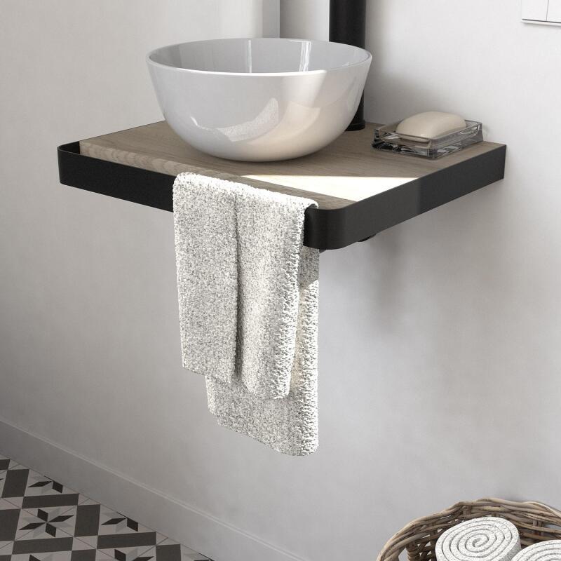 Meuble lave-mains plan fin porte-serviettes face + vasque blanche + robinet
