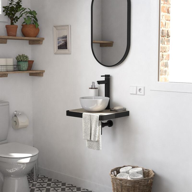 Meuble lave-mains plan fin porte-serviettes face + vasque blanche + robinet