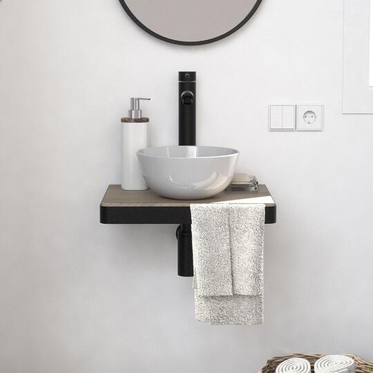 Meuble lave-mains plan fin porte-serviettes face + vasque blanche