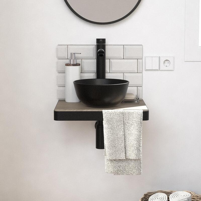 Meuble lave-mains plan fin porte-serviettes face + vasque noire
