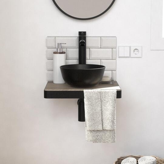 Meuble lave-mains plan fin porte-serviettes face + vasque noire + robinet