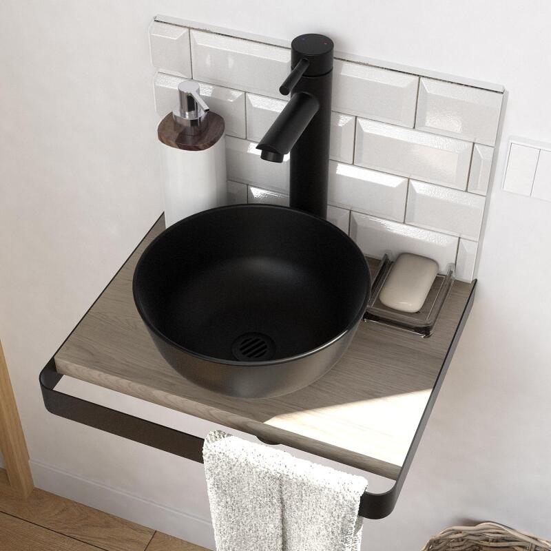 Meuble lave-mains plan fin porte-serviettes face + vasque noire + robinet