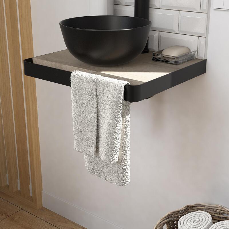 Meuble lave-mains plan fin porte-serviettes face + vasque noire + robinet