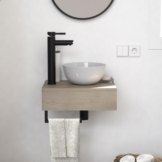 Meuble lave-mains plan fin porte-serviettes dessous + vasque blanche + robinet