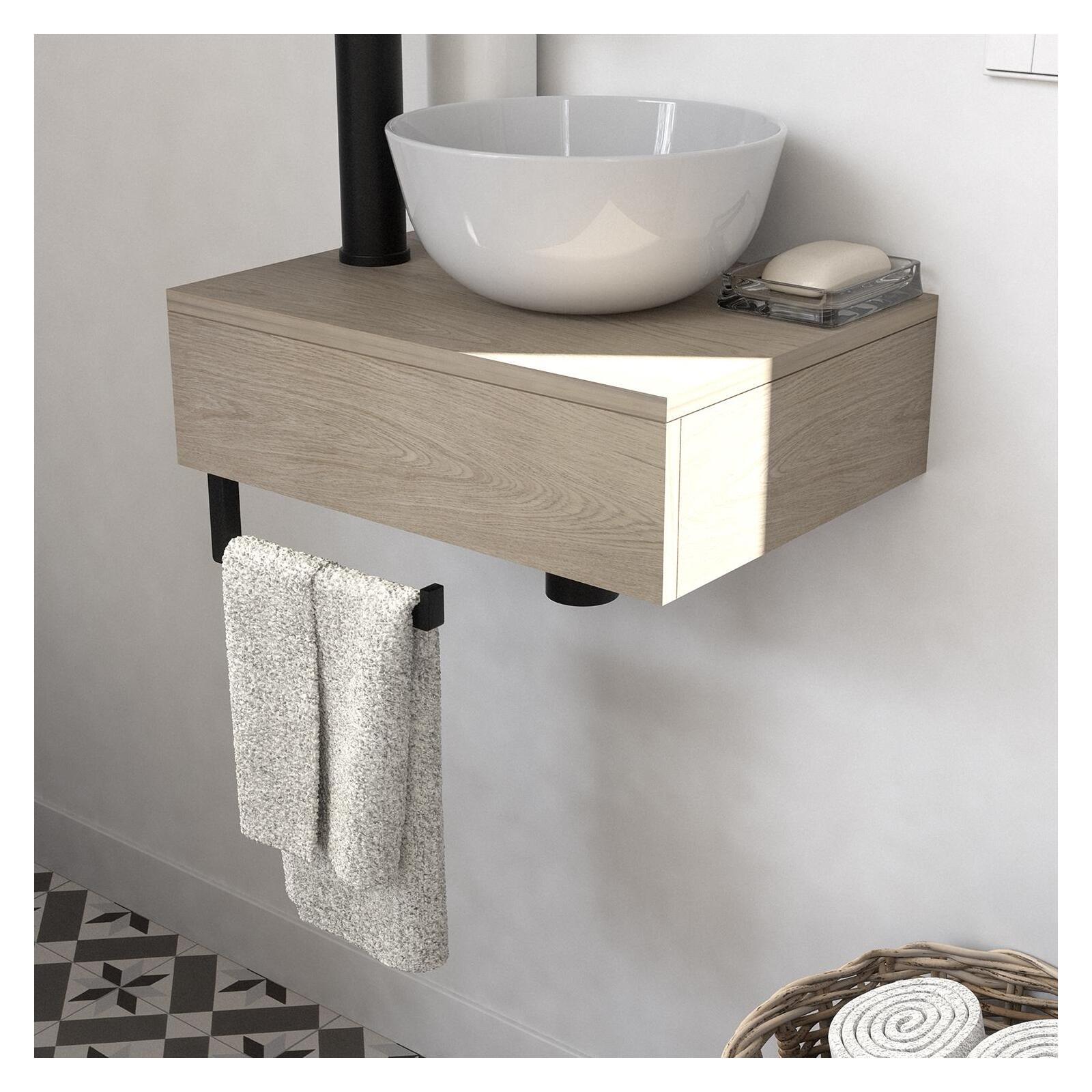 Meuble lave-mains plan fin porte-serviettes dessous + vasque blanche + robinet