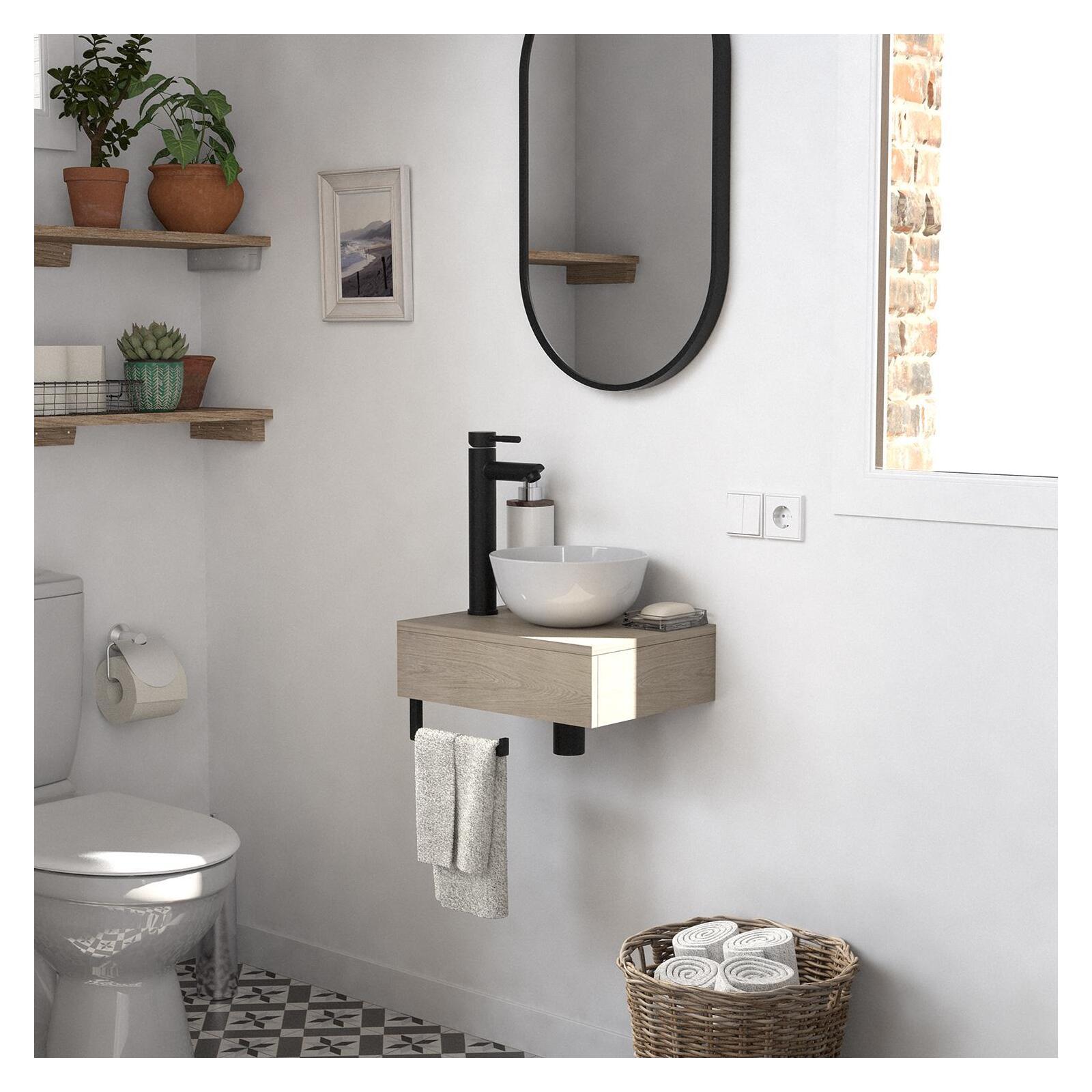 Meuble lave-mains plan fin porte-serviettes dessous + vasque blanche + robinet
