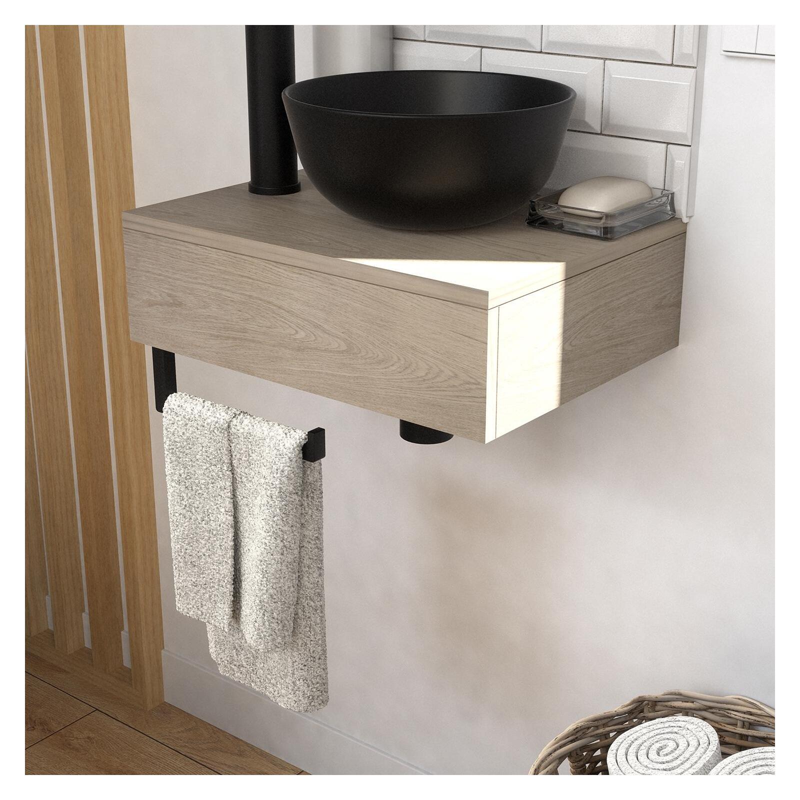 Meuble lave-mains plan épais porte-serviettes dessous + vasque noire