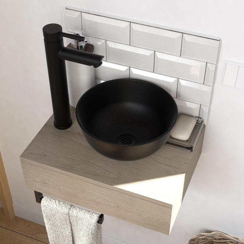 Meuble lave-mains plan épais porte-serviettes dessous + vasque noire + robinet