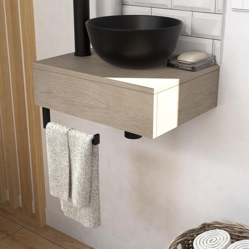 Meuble lave-mains plan épais porte-serviettes dessous + vasque noire + robinet