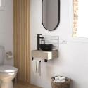 Meuble lave-mains plan épais porte-serviettes dessous + vasque noire + robinet