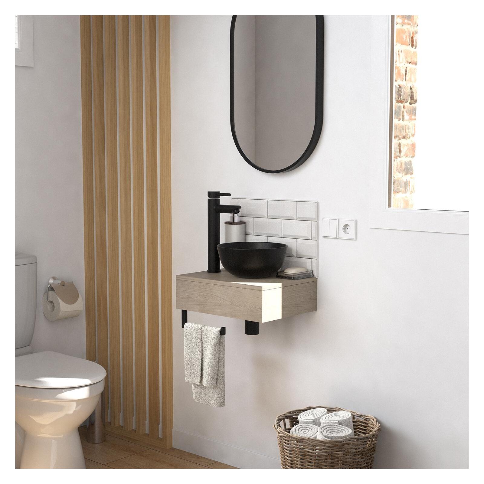 Meuble lave-mains plan épais porte-serviettes dessous + vasque noire + robinet