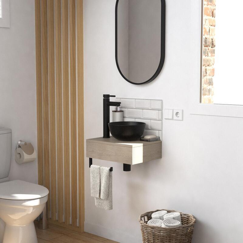 Meuble lave-mains plan épais porte-serviettes dessous + vasque noire + robinet