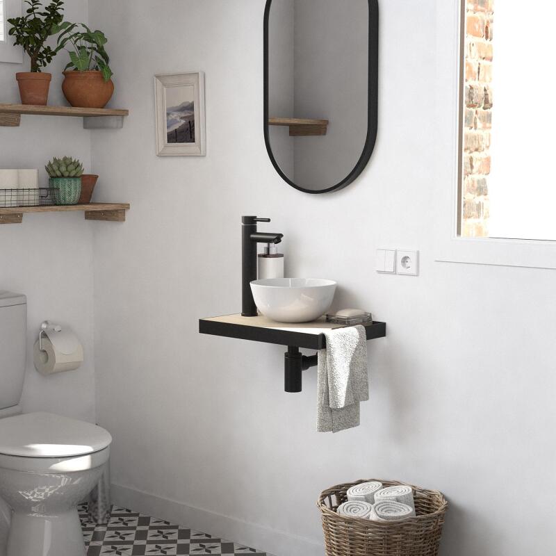Meuble lave-mains plan fin porte-serviettes côté + vasque blanche + robinet