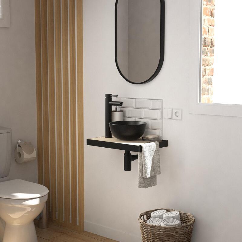 Meuble lave-mains plan fin porte-serviettes côté + vasque noire + robinet