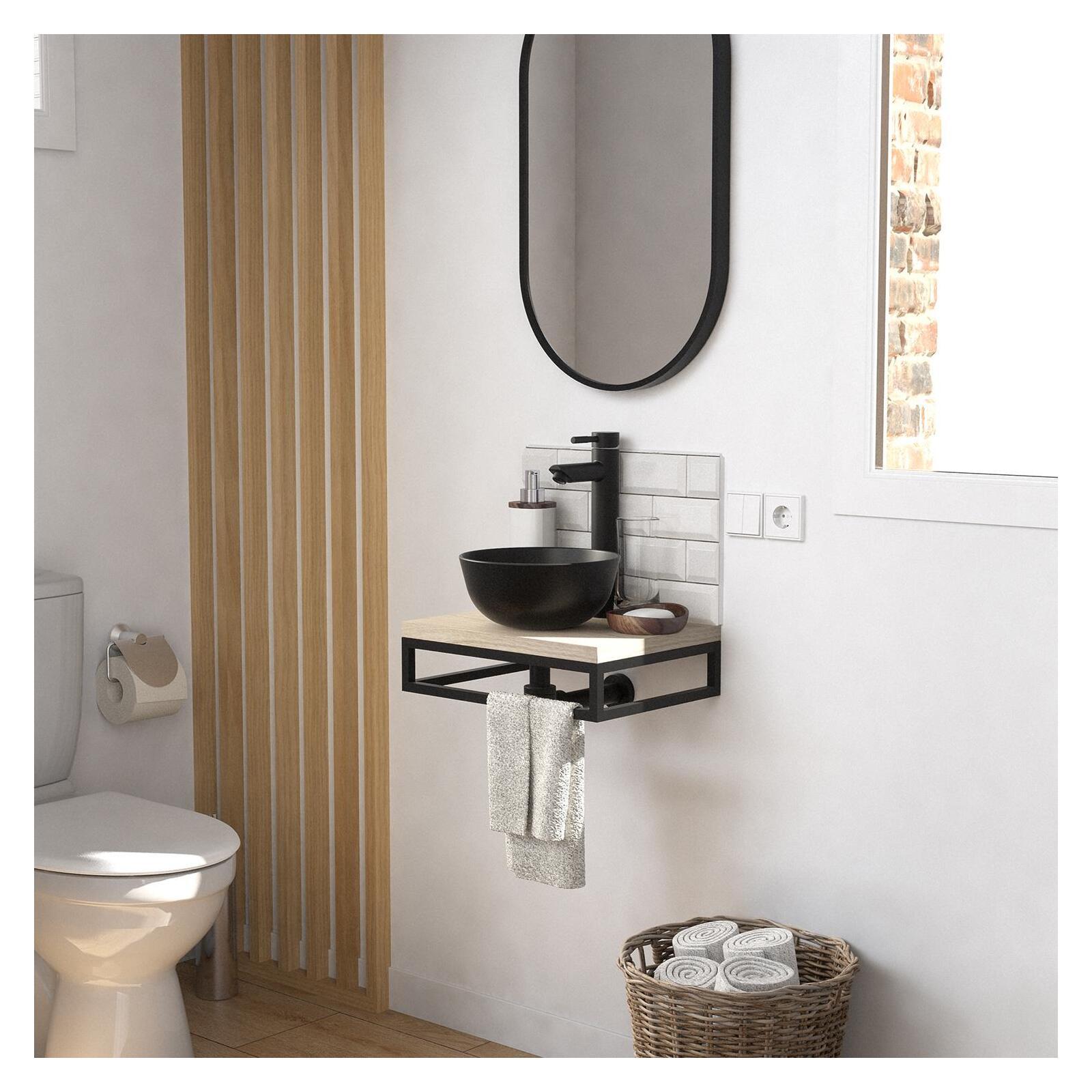 Meuble lave-mains plan fin porte-serviettes dessous + vasque noire + robinet