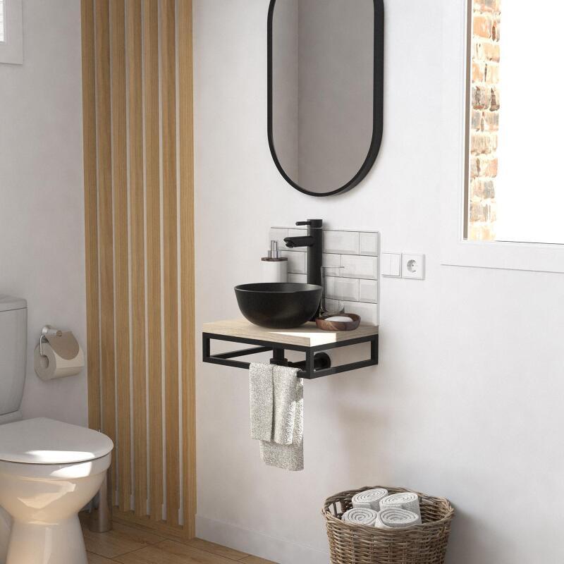 Meuble lave-mains plan fin porte-serviettes dessous + vasque noire + robinet